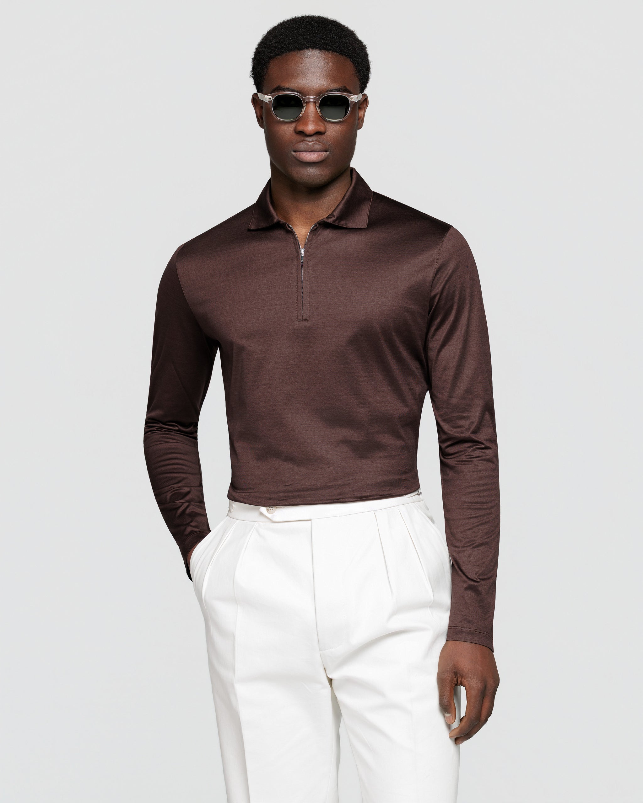 Brown Long Sleeve Half Zip Polo 100% Egyptian Cotton | Filatori