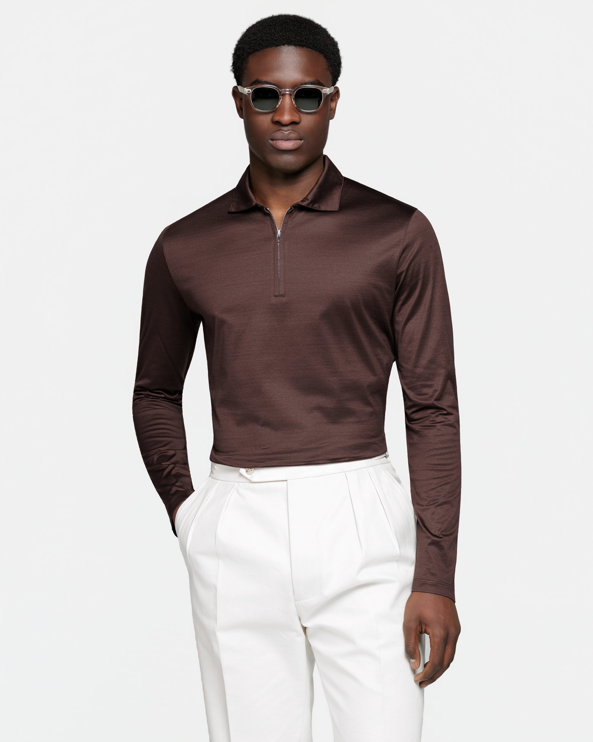 Brown Long Sleeve Half Zip Polo 100% Egyptian Cotton | Filatori