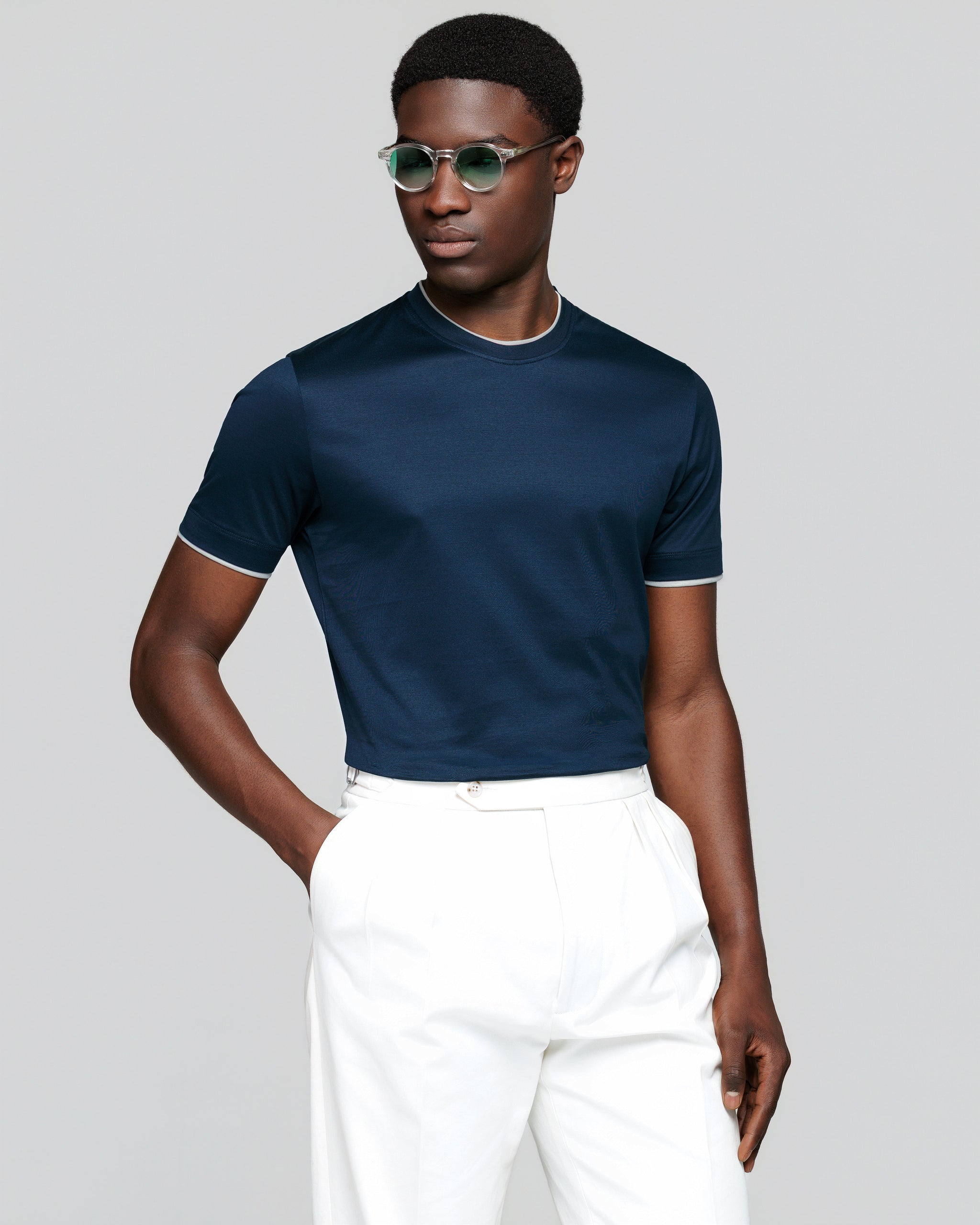 T shirt manica corta tinta unita Blu con Faux Layering Grigio Perla 100% Cotone egiziano | Filatori
