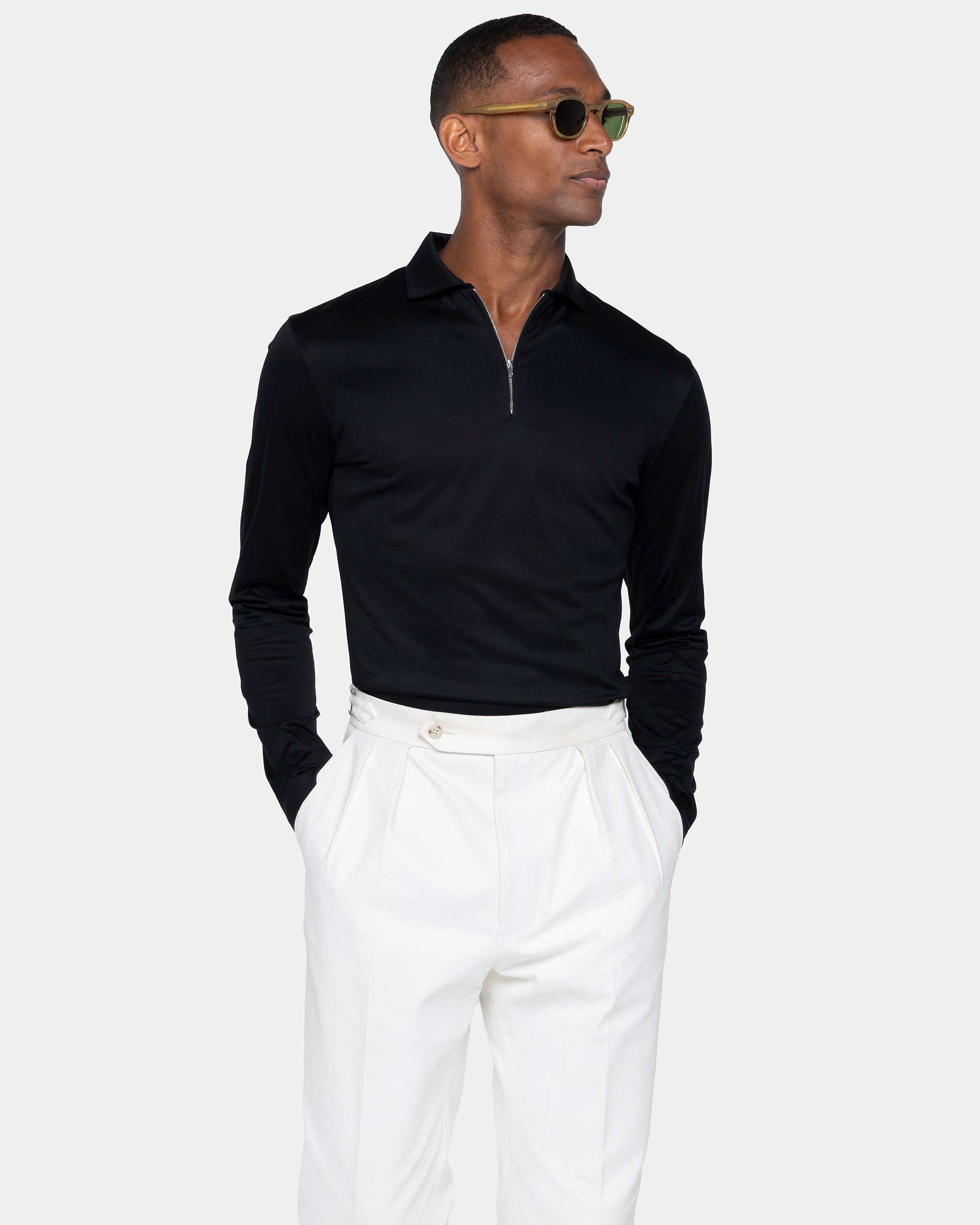Black Long Sleeve Half Zip Polo 100% Egyptian Cotton | Filatori