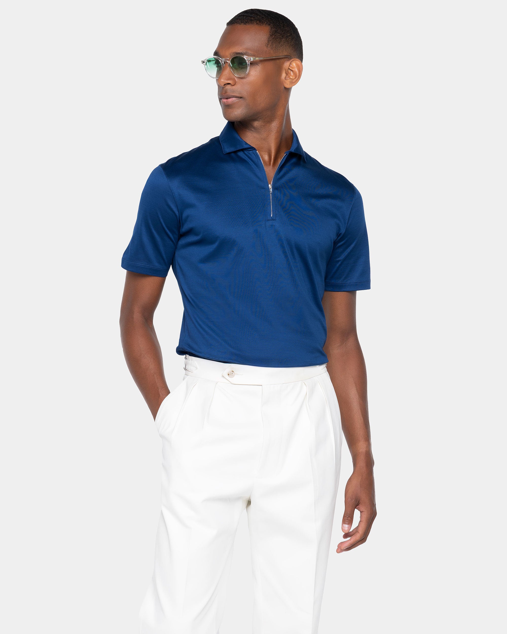 Blue Marine Short Sleeve Half Zip Polo 100% Egyptian Cotton | Filatori