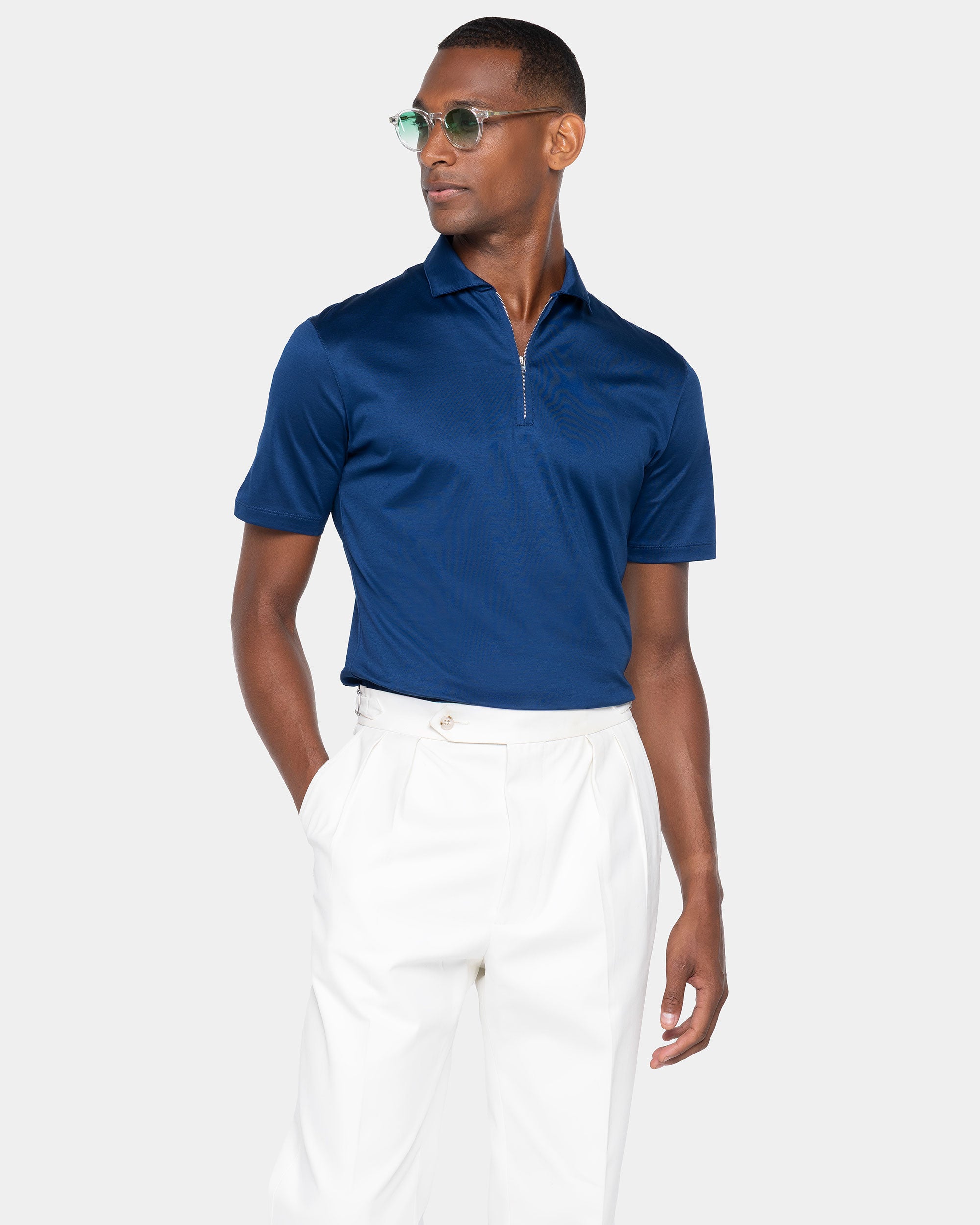 Polo mezza zip manica corta tinta unita Blu Marino 100% Cotone egiziano | Filatori