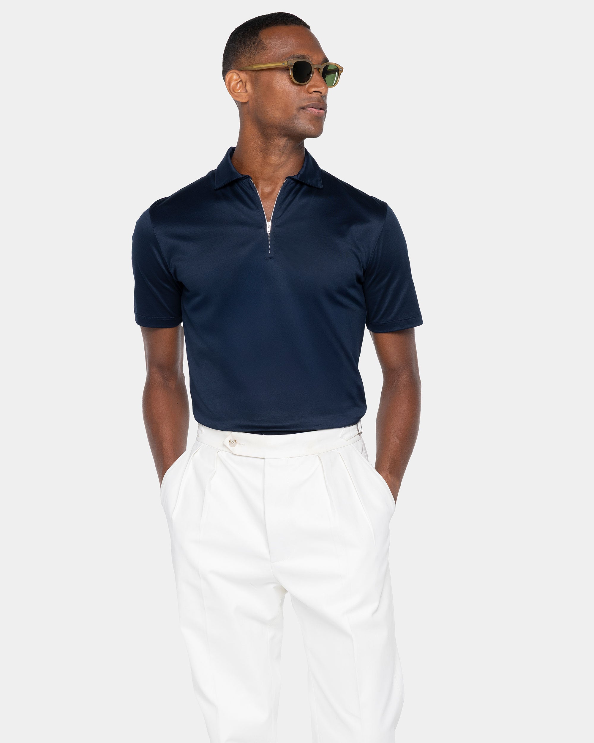Blue Short Sleeve Half Zip Polo 100% Egyptian Cotton | Filatori