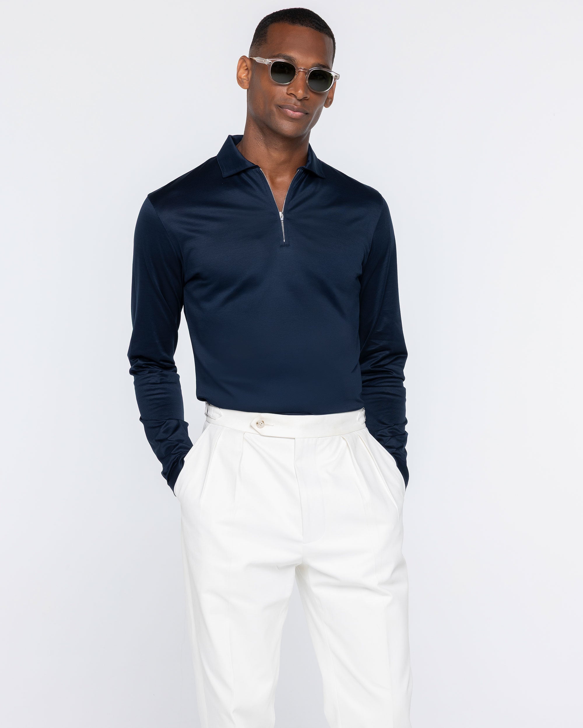 Blue Long Sleeve Half Zip Polo 100% Egyptian Cotton | Filatori