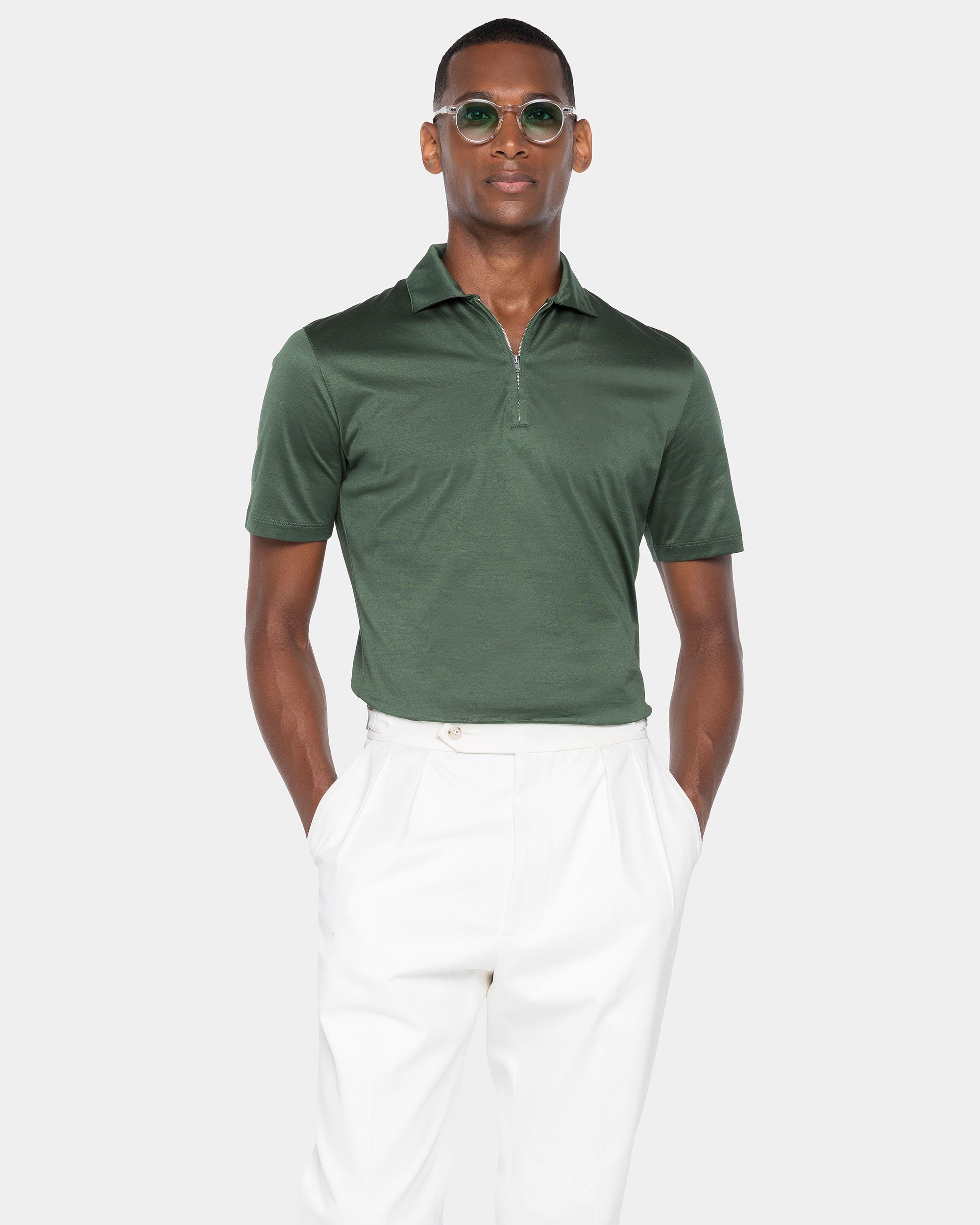 Military Green Short Sleeve Half Zip Polo 100% Egyptian Cotton | Filatori