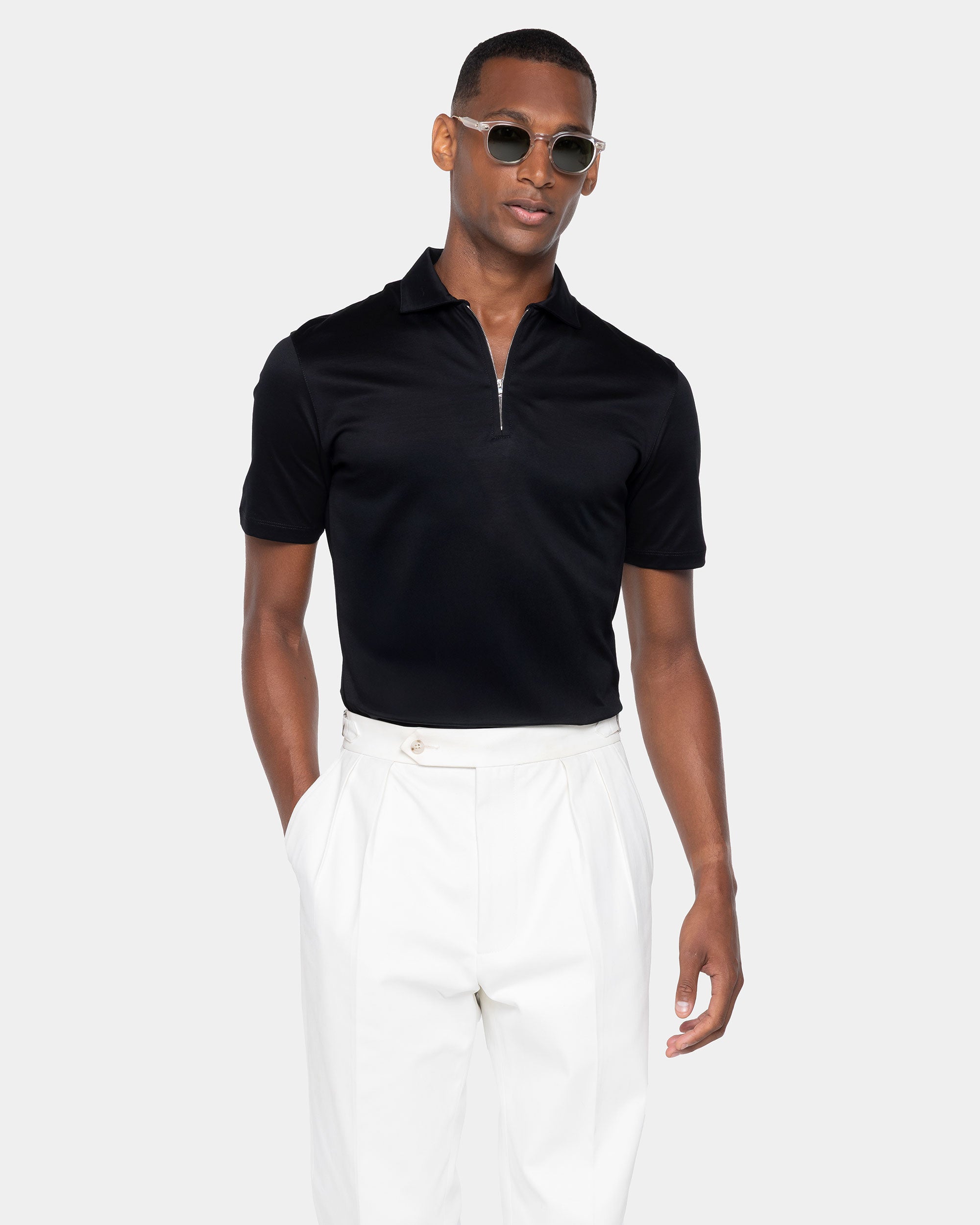 Black Short Sleeve Half Zip Polo 100% Egyptian Cotton | Filatori