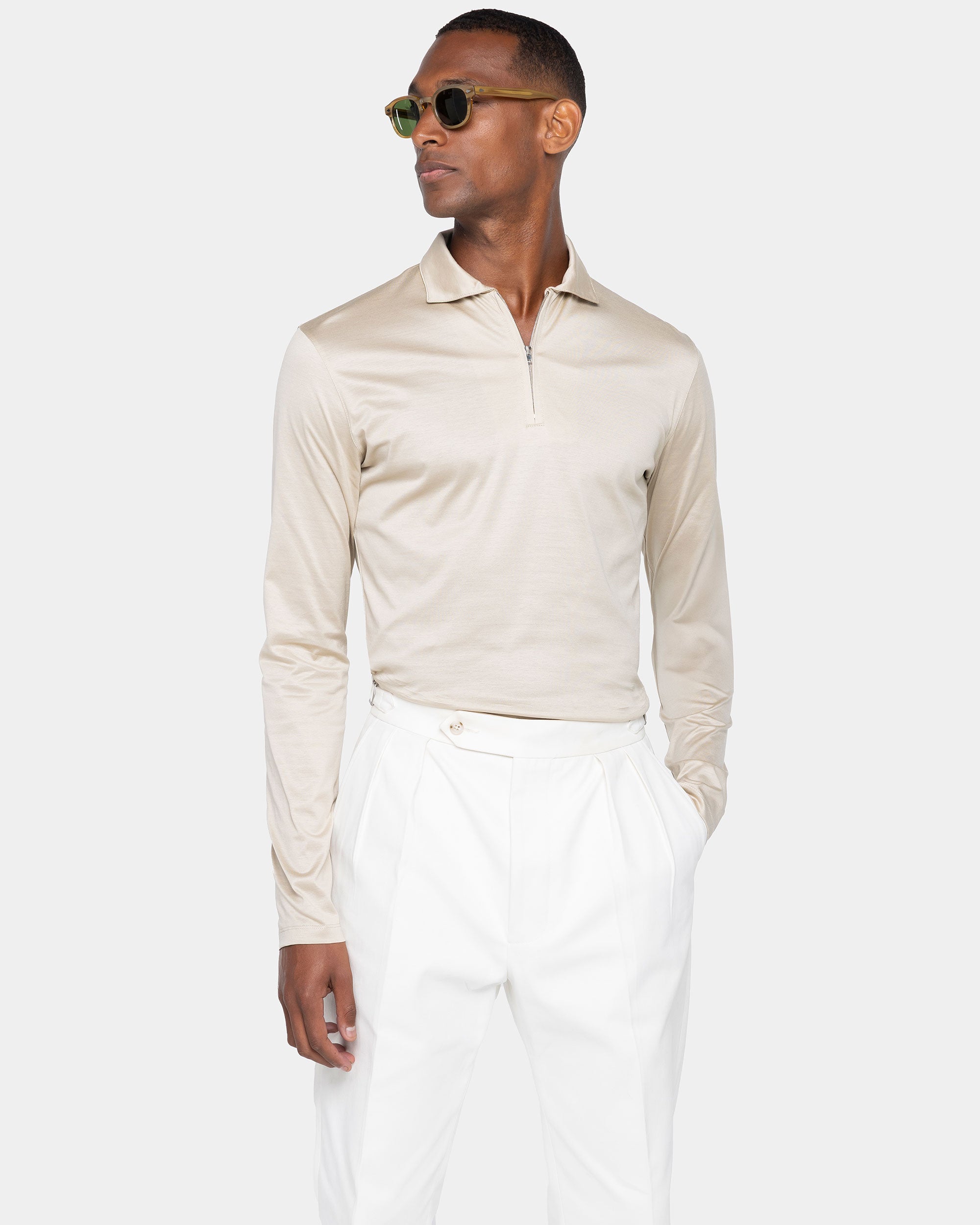 Sand Long Sleeve Half Zip Polo 100% Egyptian Cotton | Filatori
