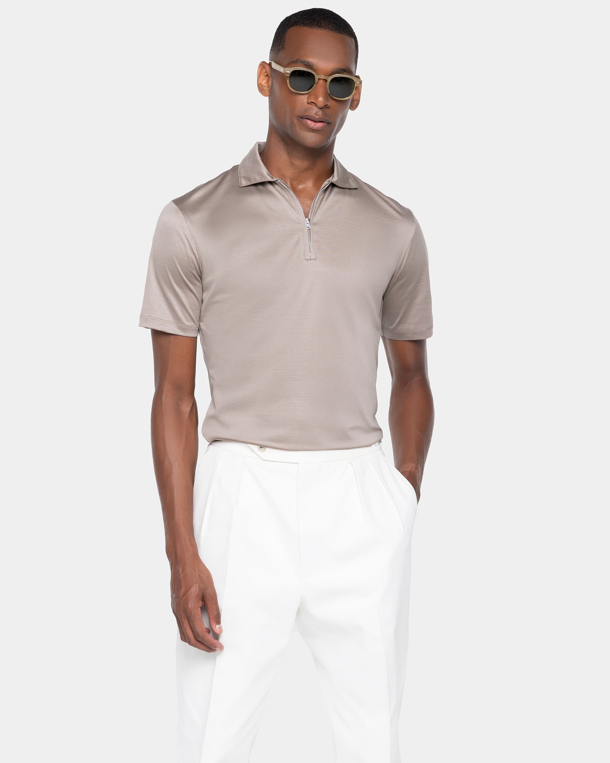 Taupe Short Sleeve Half Zip Polo 100% Egyptian Cotton | Filatori