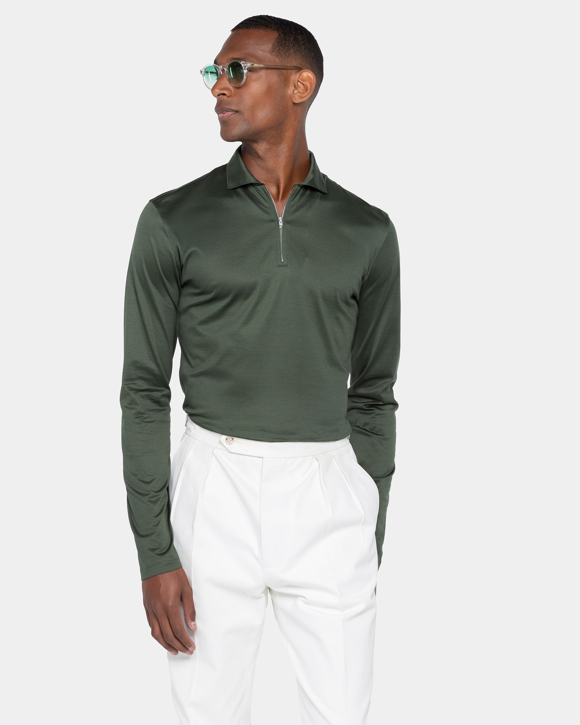 Military Green Long Sleeve Half Zip Polo 100% Egyptian Cotton | Filatori