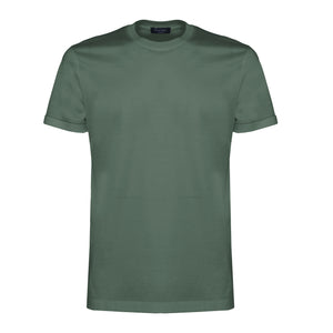 t shirt uomo tinta unita verde militare manica corta con risvolto con stile sartoriale in tessuto lucido 100% cotone pregiato su misura brand filatori